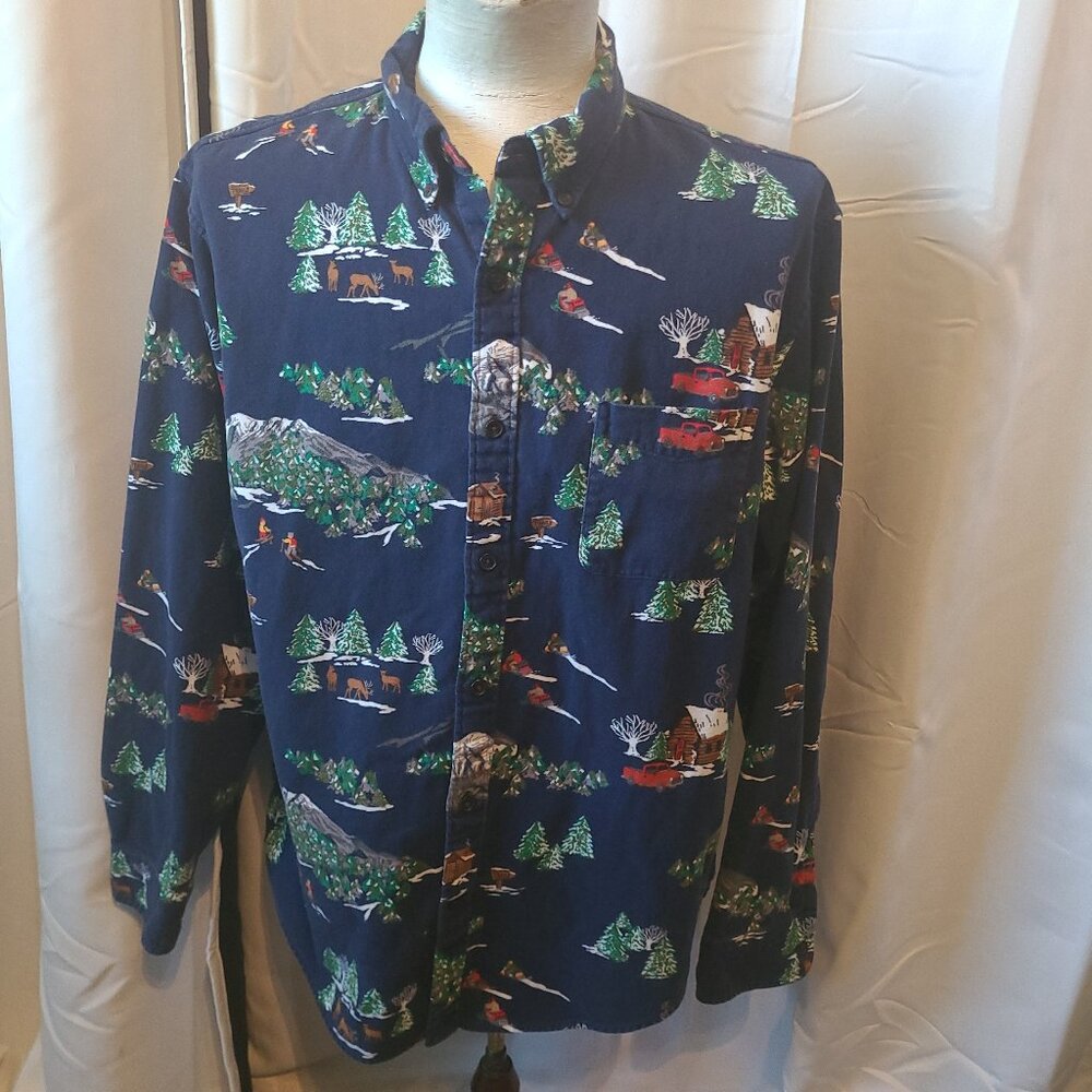 Mens L/S button front shirt Lands End - Winter scenes - Flannel - L- Traditional